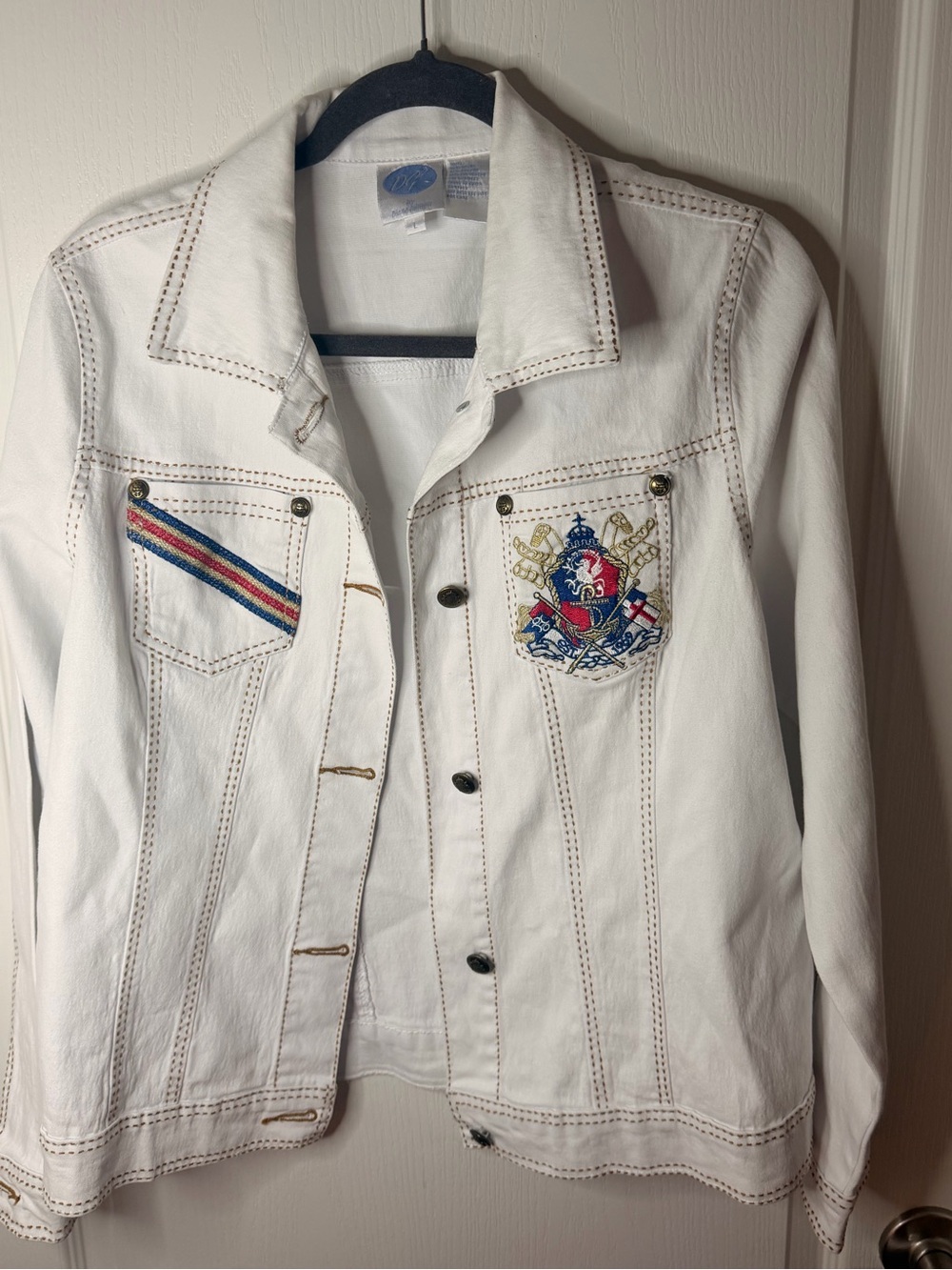 Diane Gilman White Embroidered Crest Jean Jacket with Striped Pocket